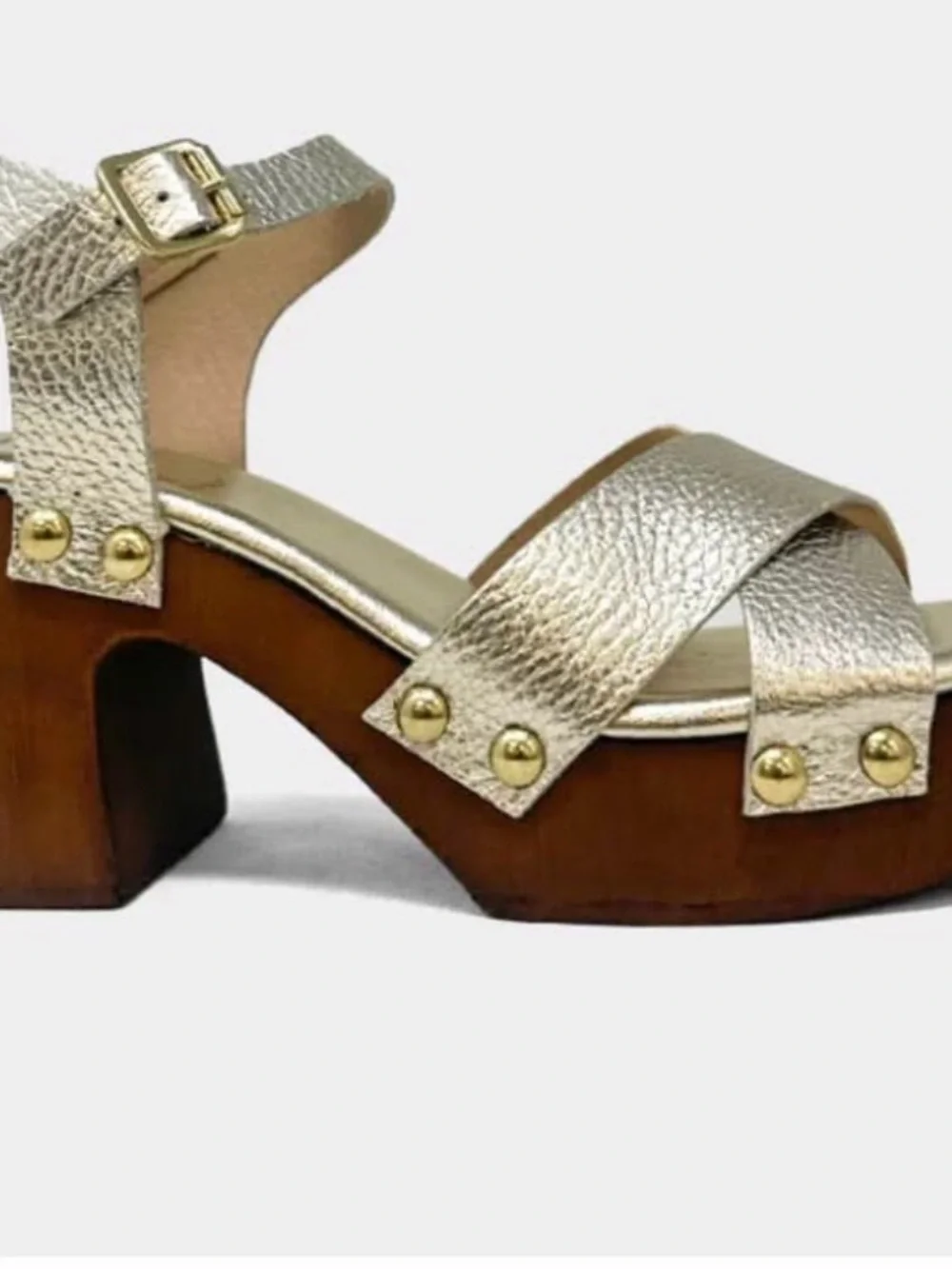 Gold Leather Platform Sandals with Wood Block Heel